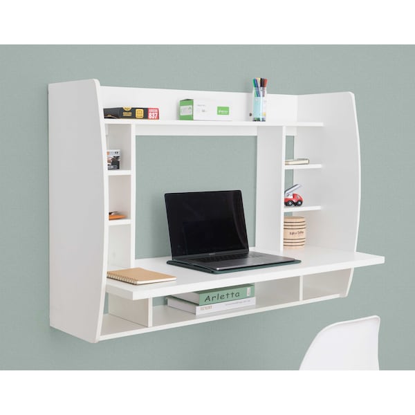 Wall Mount Laptop Office Desk With Shelves, White